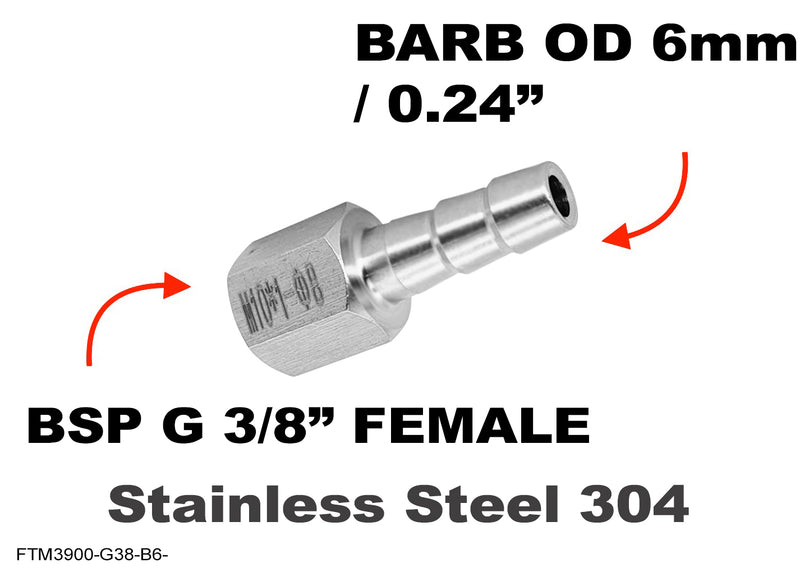 BSP G 3/8 inch FEMALE to BARB OD 6mm / 0.24 inch Stainless Tail Adaptor Hose Connector