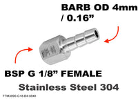 BSP G 1/8 inch FEMALE to BARB OD 4mm / 0.16 inch Stainless Tail Adaptor Hose Connector