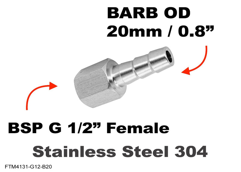 BSP G 1/2 inch FEMALE to BARB OD 20mm / 0.8 inch  Stainless Tail Adaptor Hose