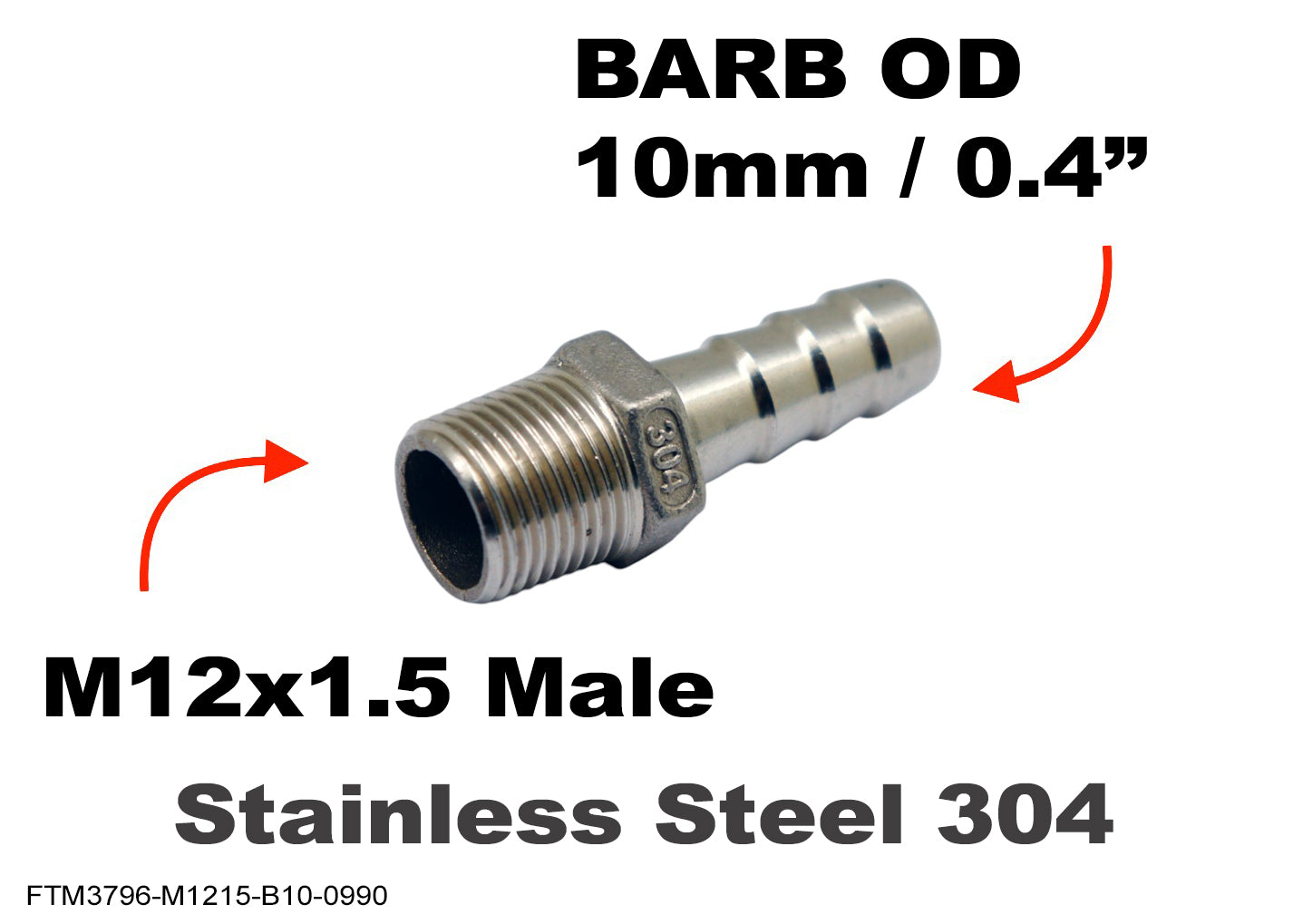 M12x1.5 Male to BARB OD 10mm / 0.4 inch Stainless Tail Adaptor Hose Connector