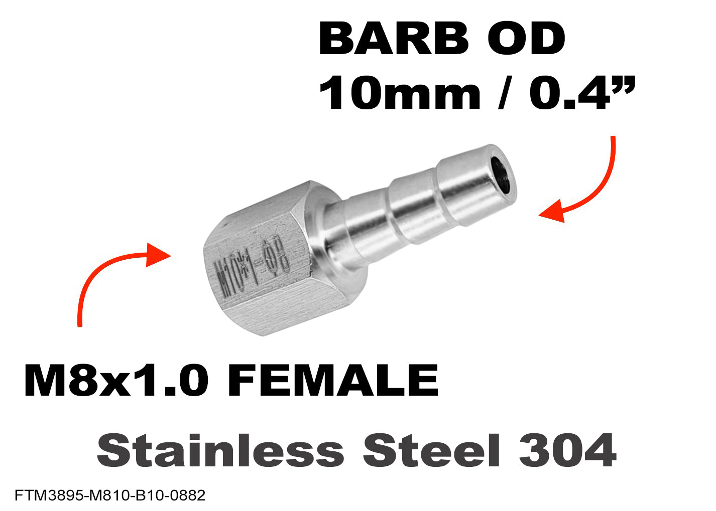 M8x1.0 FEMALE to BARB OD 10mm / 0.4 inch Stainless Tail Adaptor Hose Connector