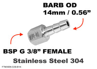 BSP G 3/8 inch FEMALE to BARB OD 14mm / 0.56 inch Stainless Tail Adaptor Hose Connector