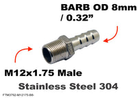 M12x1.75 Male to BARB OD 8mm / 0.32 inch Stainless Tail Adaptor Hose Connector