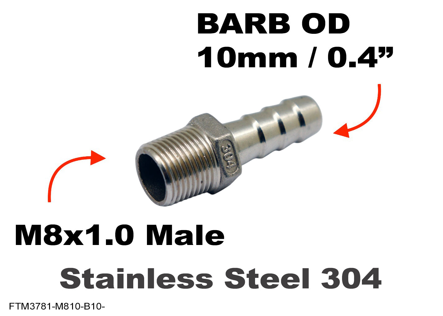 M8x1.0 Male to BARB OD 10mm / 0.4 inch Stainless Tail Adaptor Hose Connector
