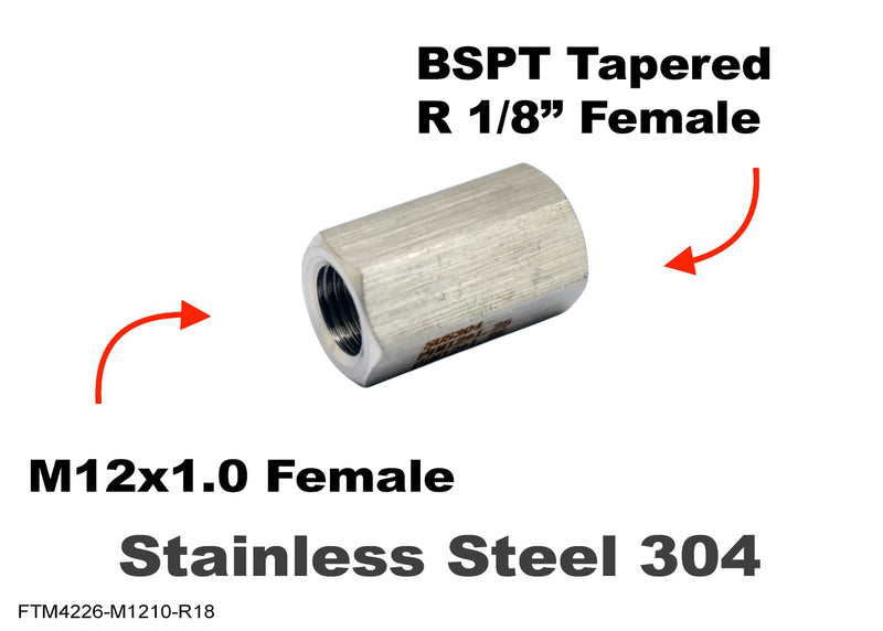 M12x1.0 Female to BSPT Tapered R 1/8 inch Female Stainless Sensor Adaptor Fittings