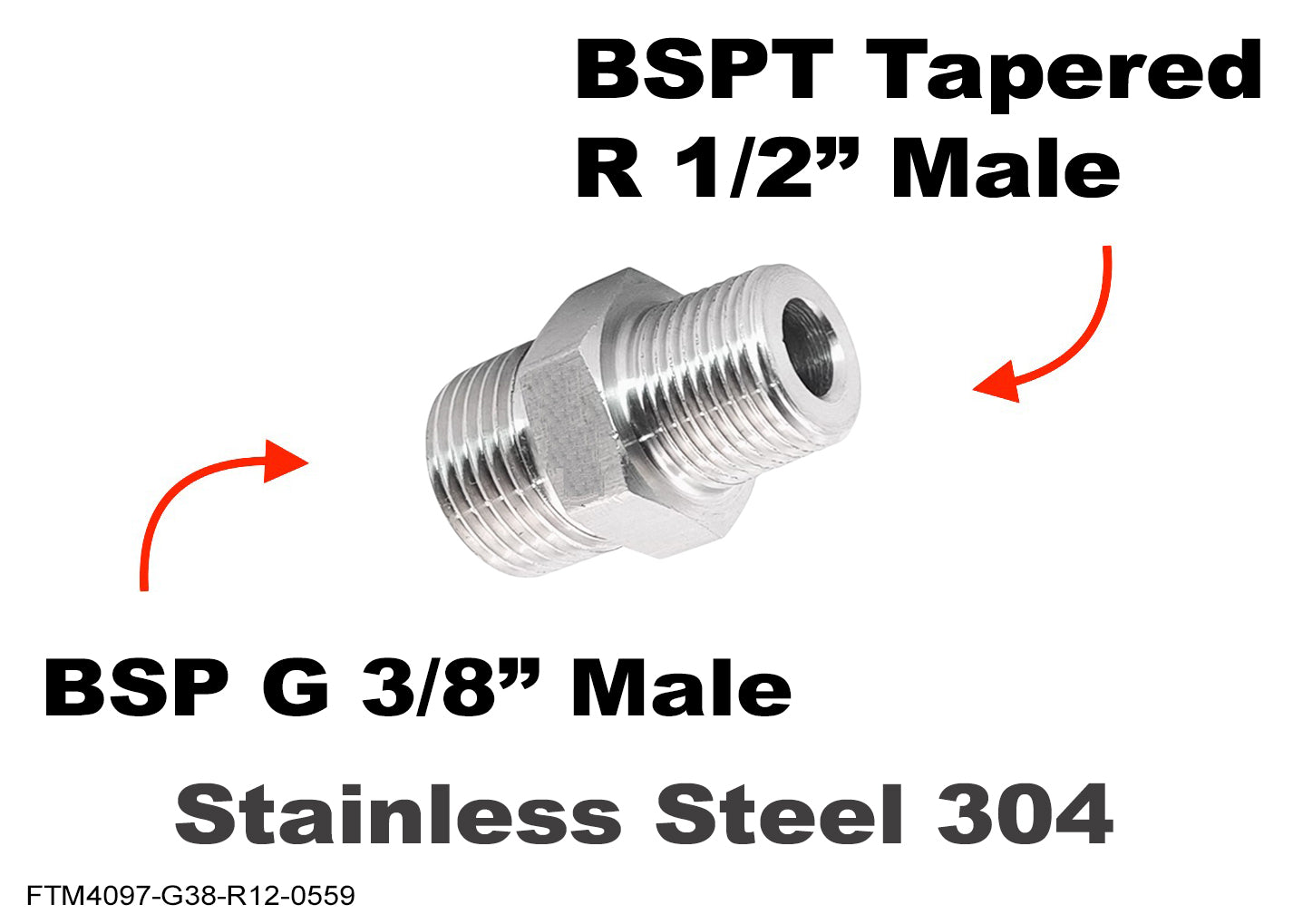 BSP G 3/8 inch Male to BSPT Tapered R 1/2 inch Male Stainless Sensor Adaptor Fittings
