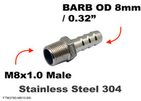 M8x1.0 Male to BARB OD 8mm / 0.32 inch Stainless Tail Adaptor Hose Connector