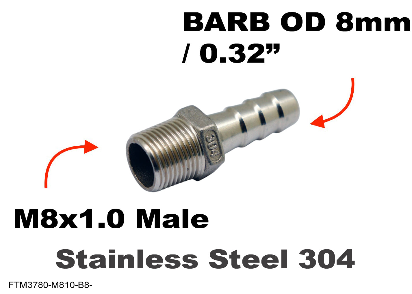 M8x1.0 Male to BARB OD 8mm / 0.32 inch Stainless Tail Adaptor Hose Connector