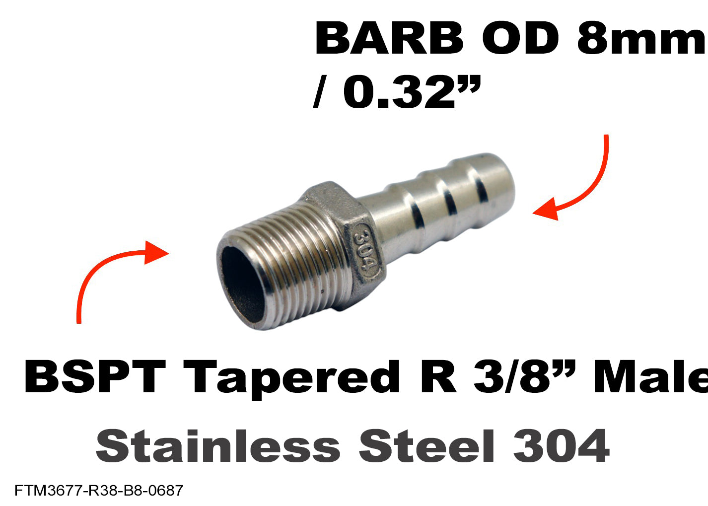 BSPT Tapered R 3/8 inch Male to BARB OD 8mm / 0.32 inch Stainless Tail Adaptor Hose