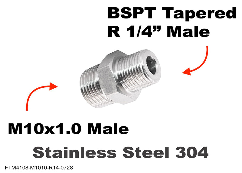 M10x1.0 to BSPT Tapered R 1/4 inch Male Stainless Sensor Adaptor Fittings Conversion