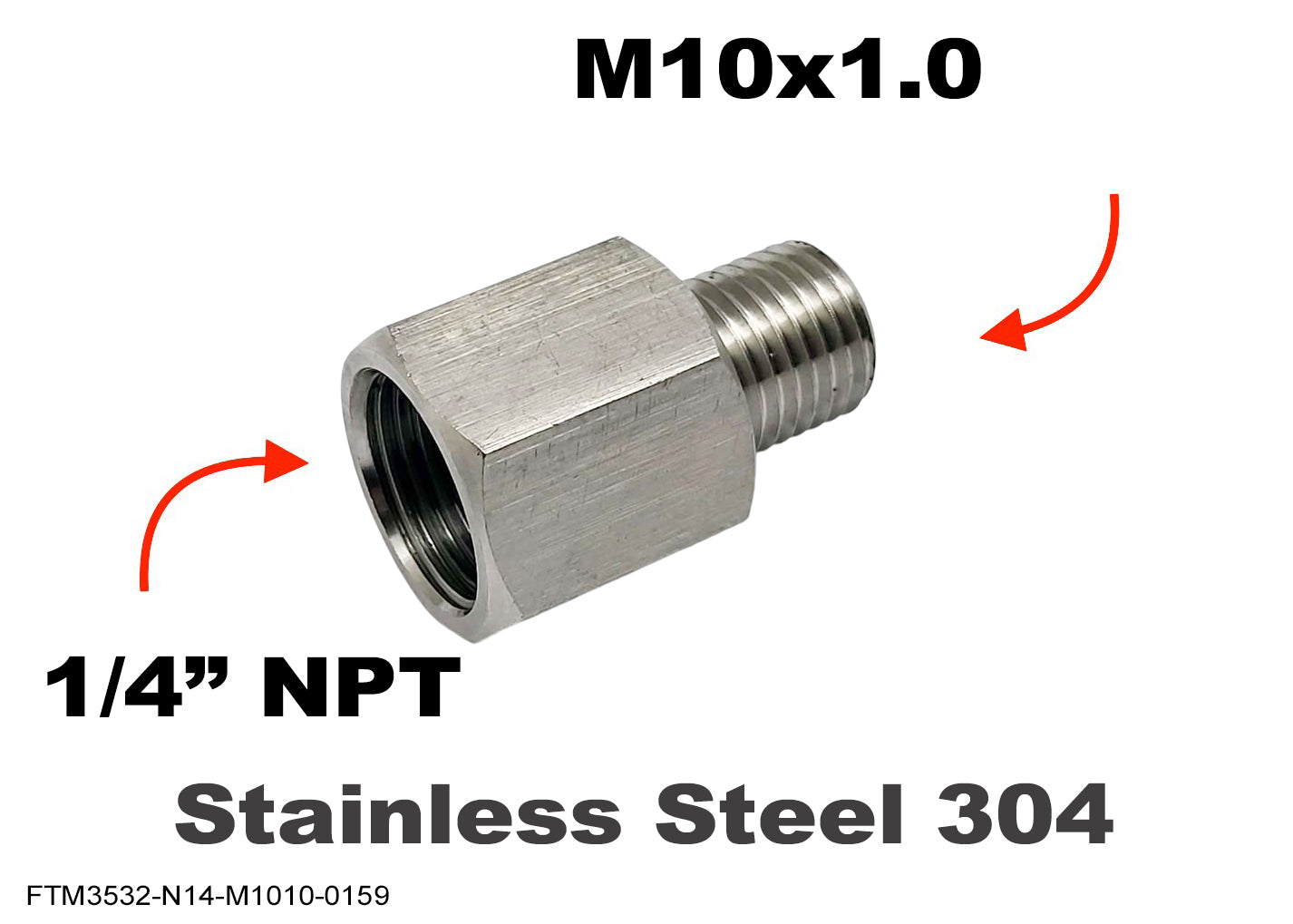 1/4 inch NPT Female to M10x1.0 Male Stainless Sensor Adaptor