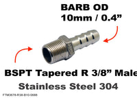 BSPT Tapered R 3/8 inch Male to BARB OD 10mm / 0.4 inch Stainless Tail Adaptor Hose