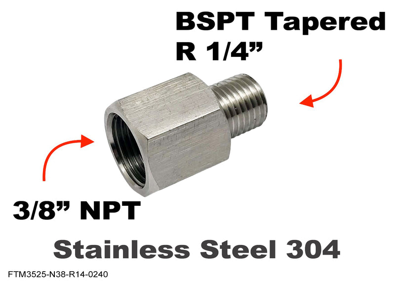 3/8 inch NPT Female to BSPT Tapered R 1/4 inch Male Stainless Sensor Adaptor Fittings