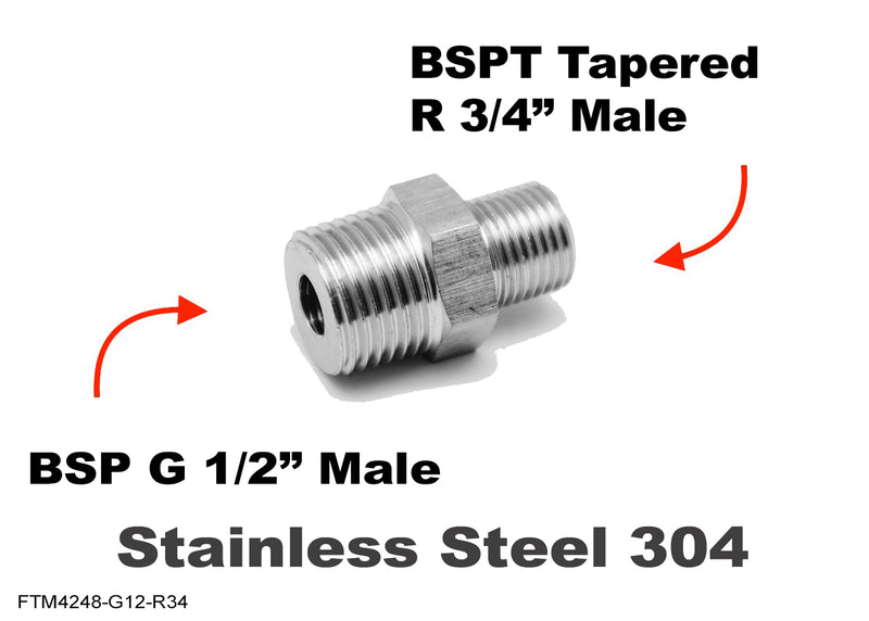 BSP G 1/2 inch Male to BSPT Tapered R 3/4 inch Male Stainless Sensor Adaptor Fittings