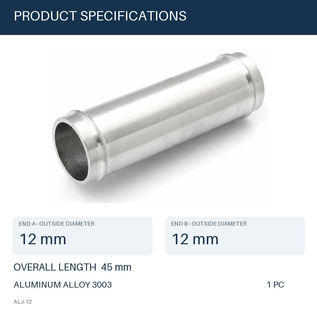 MC Motoparts 12mm OD aluminum hose joiner coupler adapter, 45mm straight connector (ALJ-12) specs image