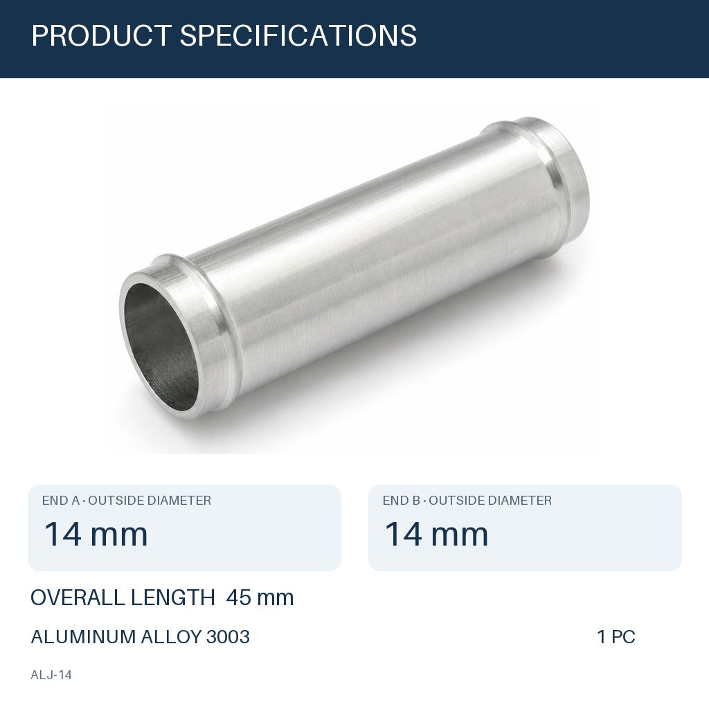 MC Motoparts 14mm OD aluminum hose joiner coupler adapter, 45mm straight connector ALJ-14 dimensions diagram