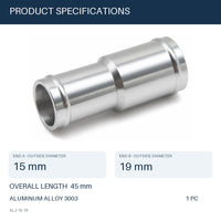 MC Motoparts 15mm to 19mm OD aluminum hose joiner reducer coupler adapter, 45mm straight connector specs 马会