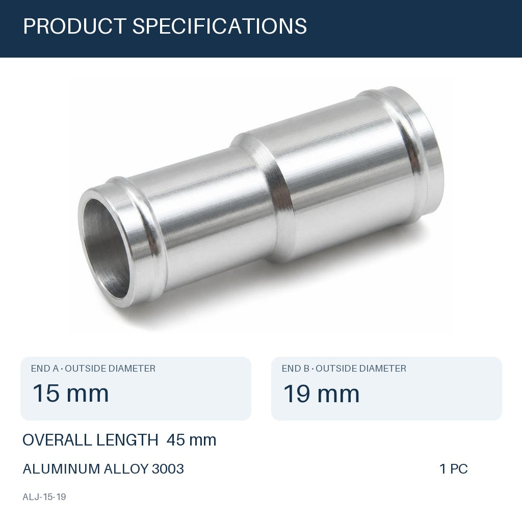 MC Motoparts 15mm to 19mm OD aluminum hose joiner reducer coupler adapter, 45mm straight connector specs 马会