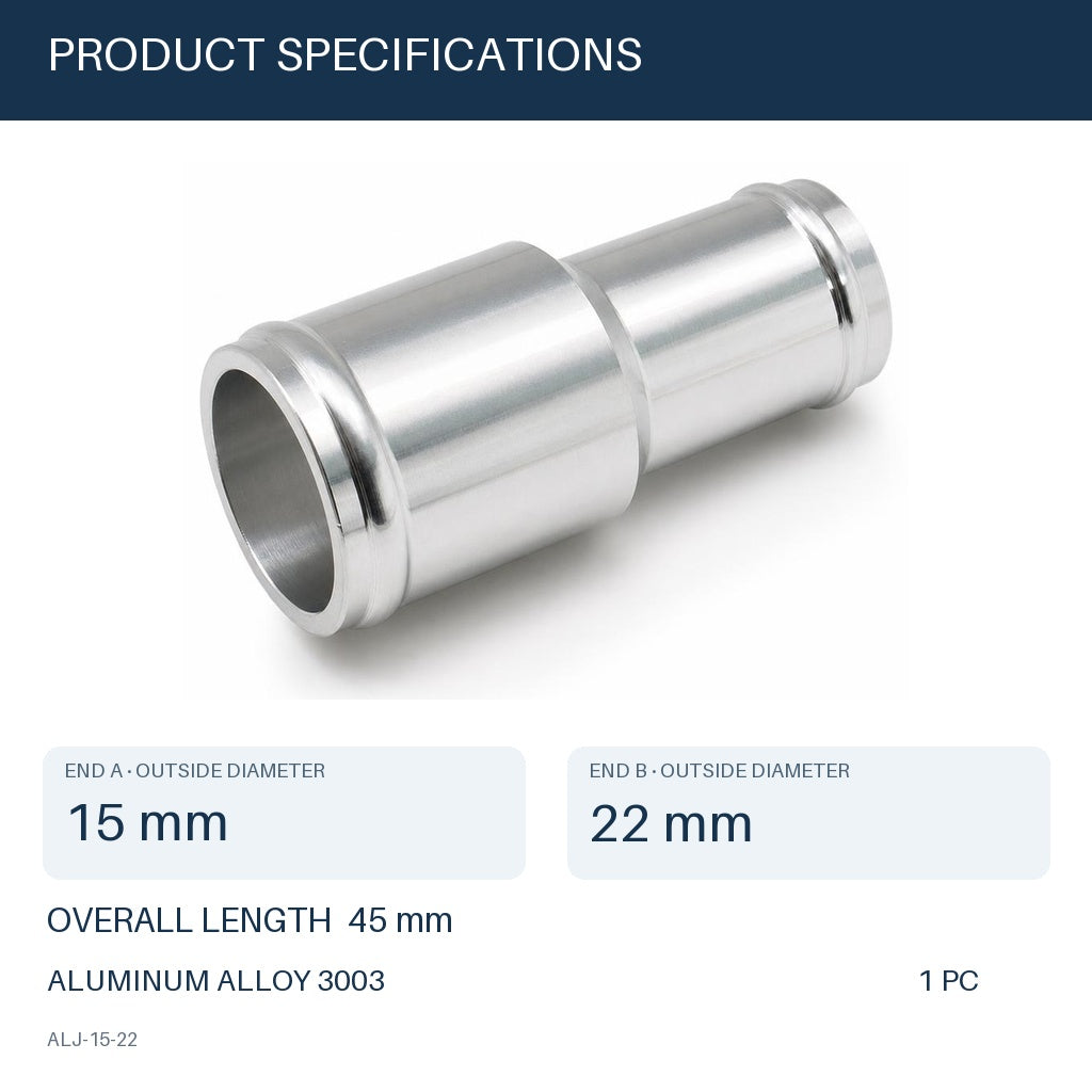 MC Motoparts 15mm to 22mm OD aluminum hose joiner reducer coupler adapter, 45mm straight connector specifications