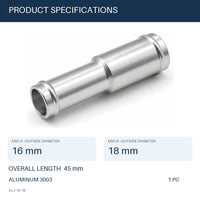 MC Motoparts 16mm to 18mm OD aluminum hose joiner reducer coupler adapter, 45mm straight connector specifications