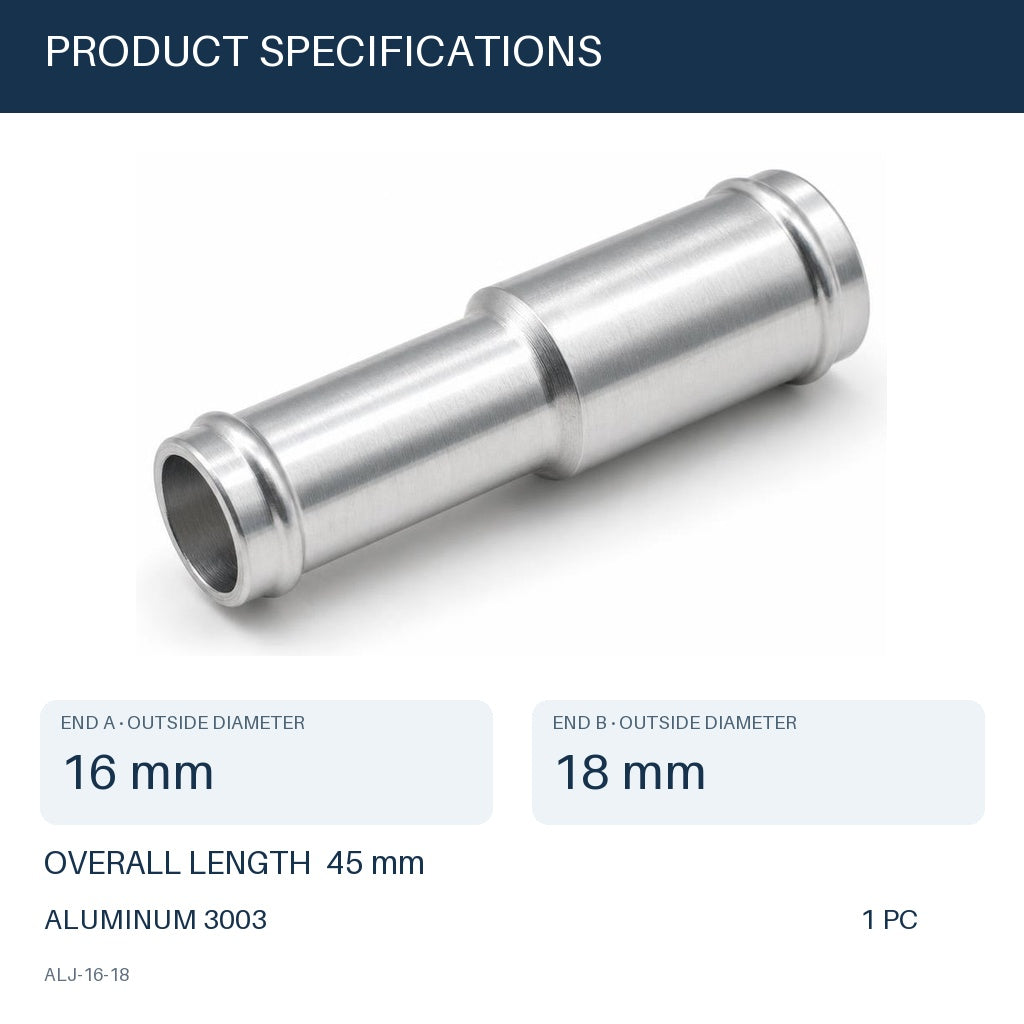 MC Motoparts 16mm to 18mm OD aluminum hose joiner reducer coupler adapter, 45mm straight connector specifications