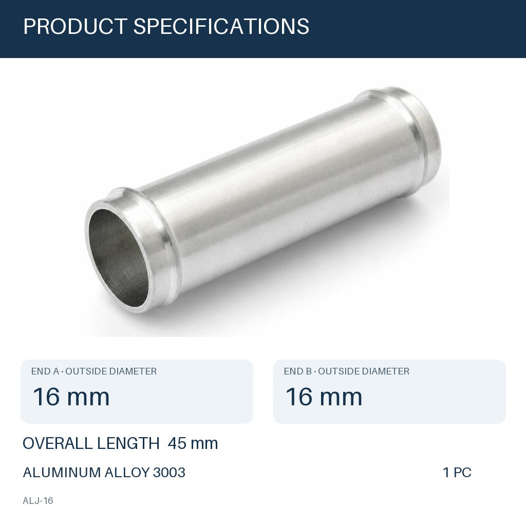 MC Motoparts 16mm OD aluminum hose joiner coupler adapter, 45mm straight connector ALJ-16 specifications