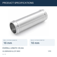 MC Motoparts 18mm OD aluminum hose joiner coupler adapter, 45mm straight connector ALJ-18 specifications