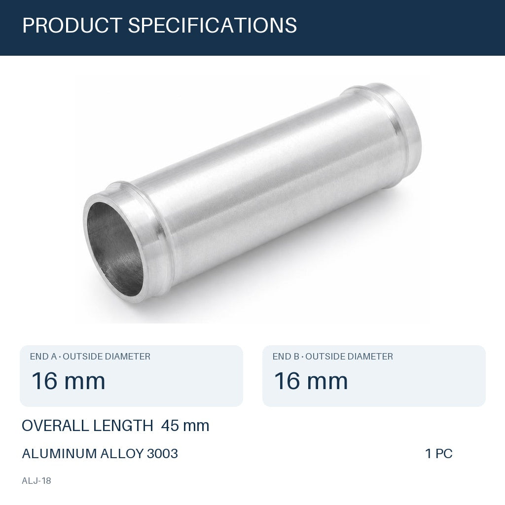 MC Motoparts 18mm OD aluminum hose joiner coupler adapter, 45mm straight connector ALJ-18 specifications