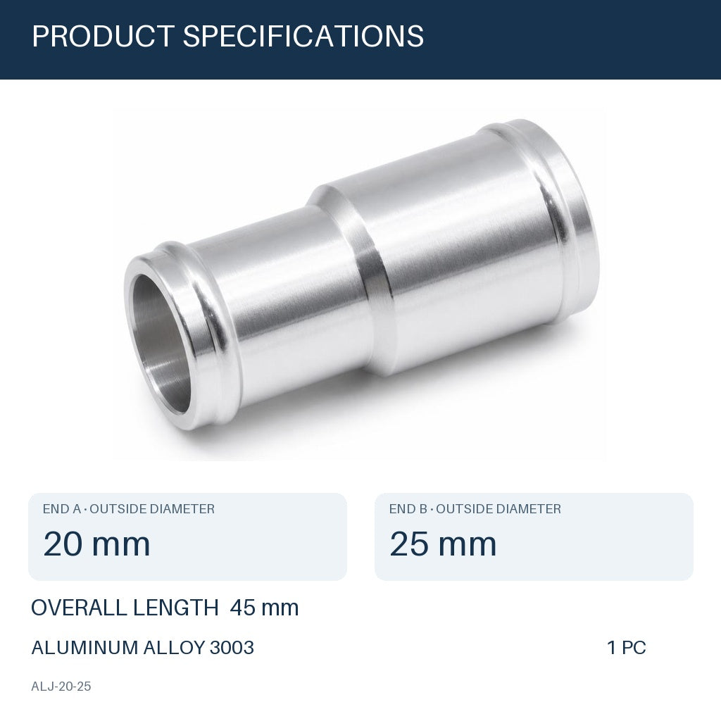 MC Motoparts 20mm to 25mm OD aluminum hose joiner reducer coupler adapter, 45mm straight connector specs