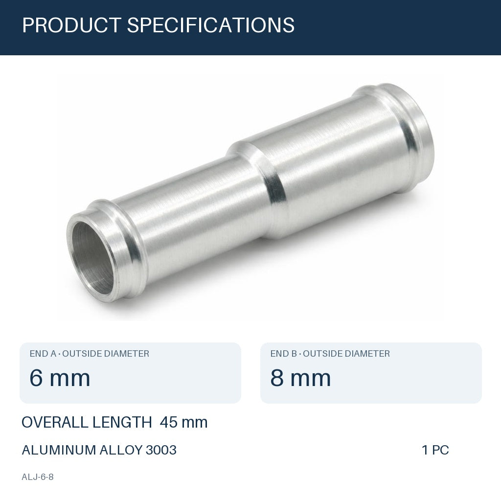 MC Motoparts 6mm to 8mm OD aluminum hose joiner reducer coupler adapter, 45mm straight connector specs