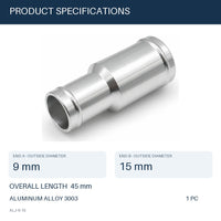 MC Motoparts 9mm to 15mm OD aluminum hose joiner reducer coupler adapter, 45mm straight connector specs