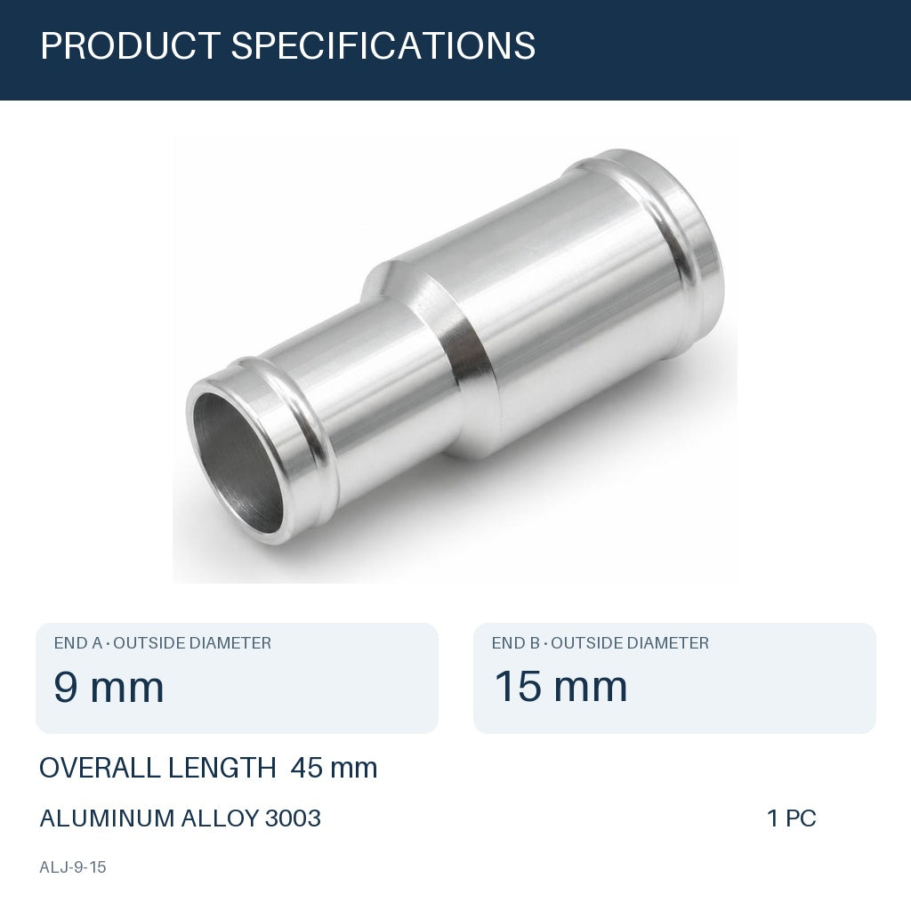 MC Motoparts 9mm to 15mm OD aluminum hose joiner reducer coupler adapter, 45mm straight connector specs