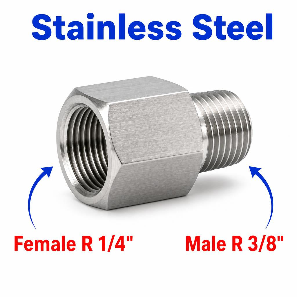 BSPT Tapered R 1/4 inch Female to BSPT Tapered R 3/8 inch Male Stainless Steel 304 Sensor Adaptor Fittings Conversion