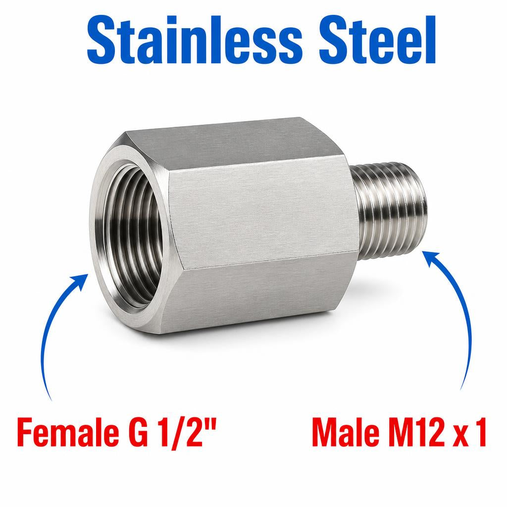 BSP G 1/2 inch Female to M12x1 Male Stainless Steel 304 Sensor Adaptor Fittings Conversion