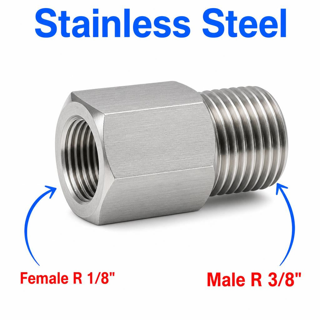 BSPT Tapered R 1/8 inch Female to BSPT Tapered R 3/8 inch Male Stainless Steel 304 Sensor Adaptor Fittings Conversion