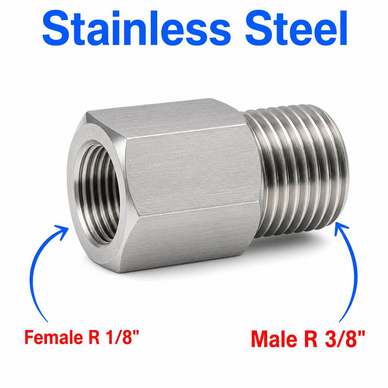 BSPT Tapered R 1/8 inch Female to BSPT Tapered R 3/8 inch Male Stainless Steel 304 Sensor Adaptor Fittings Conversion