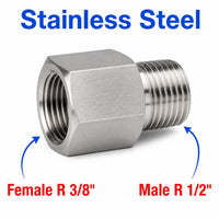 BSPT Tapered R 3/8 inch Female to BSPT Tapered R 1/2 inch Male Stainless Steel 304 Sensor Adaptor Fittings Conversion