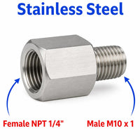 1/4 inch NPT Female to M10x1 Male Stainless Steel 304 Sensor Adaptor Fittings Conversion