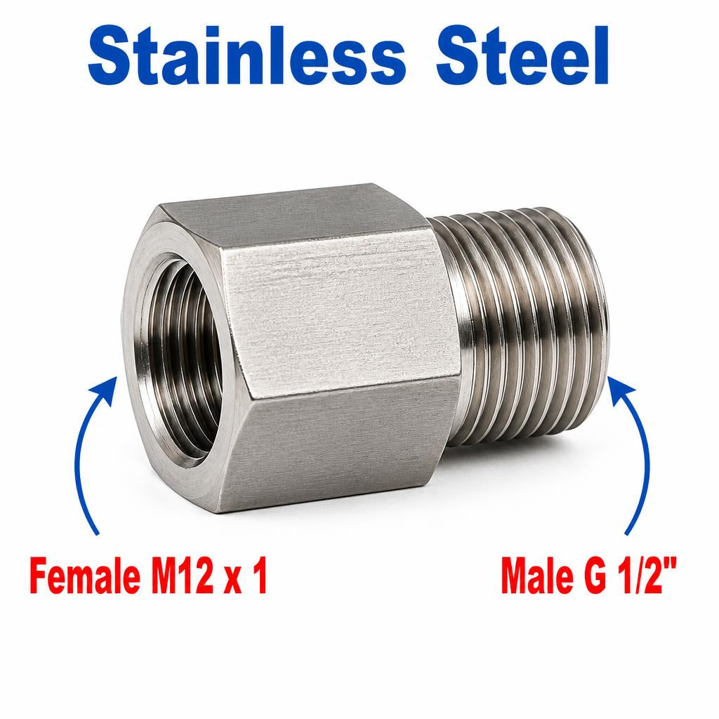 M12x1 Female to BSP G 1/2 inch Male Stainless Steel 304 Sensor Adaptor Fittings Conversion