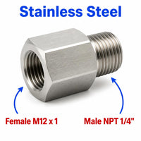 M12x1 Female to 1/4 inch NPT Male Stainless Steel 304 Sensor Adaptor Fittings Conversion