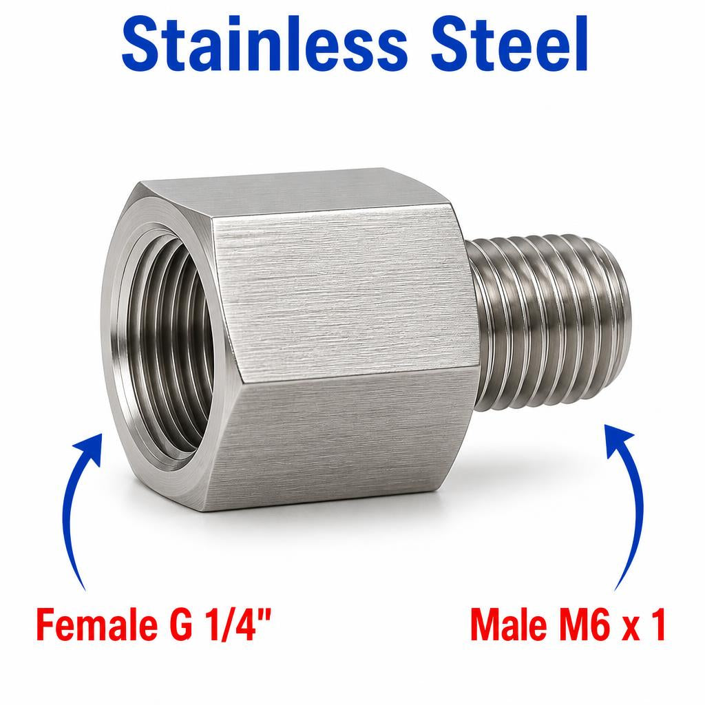 BSP G 1/4 inch Female to M6x1 Male Stainless Steel 304 Sensor Adaptor Fittings Conversion