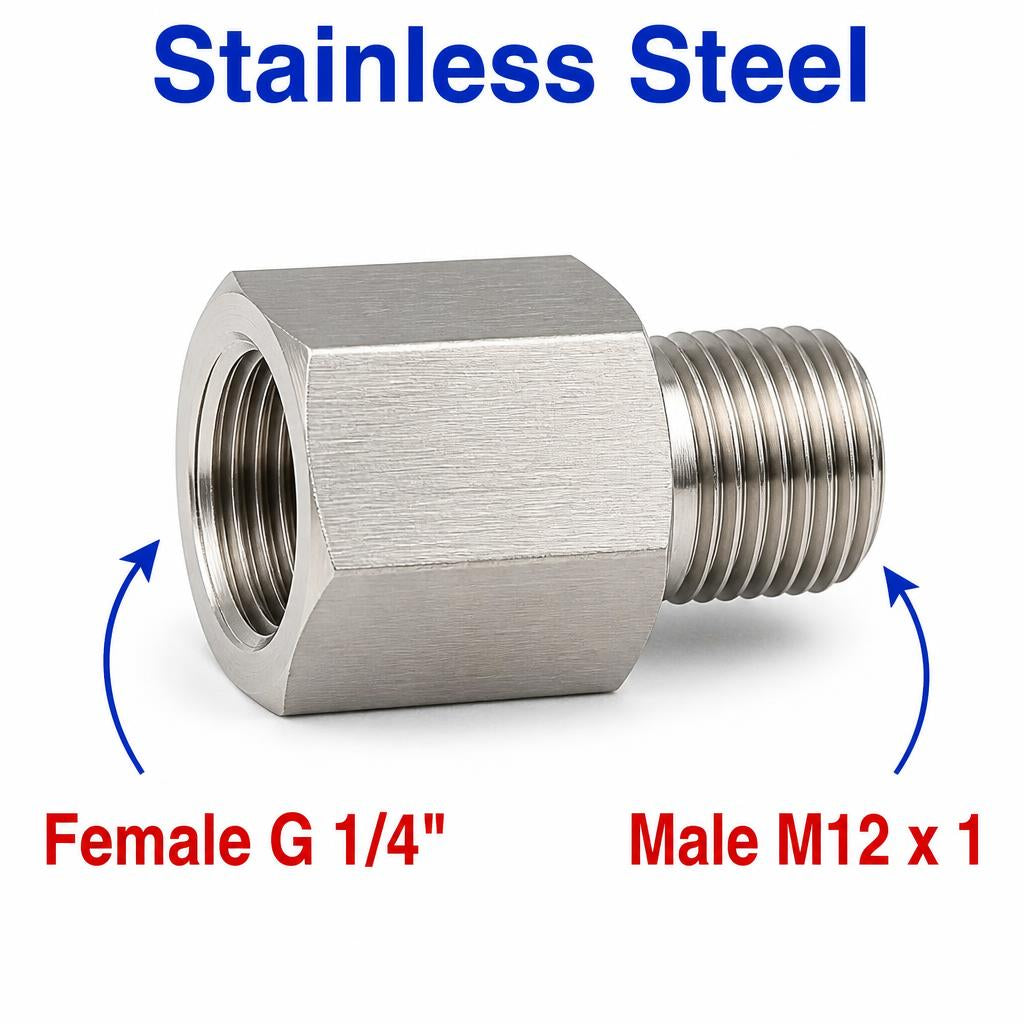 BSP G 1/4 inch Female to M12x1 Male Stainless Steel 304 Sensor Adaptor Fittings Conversion