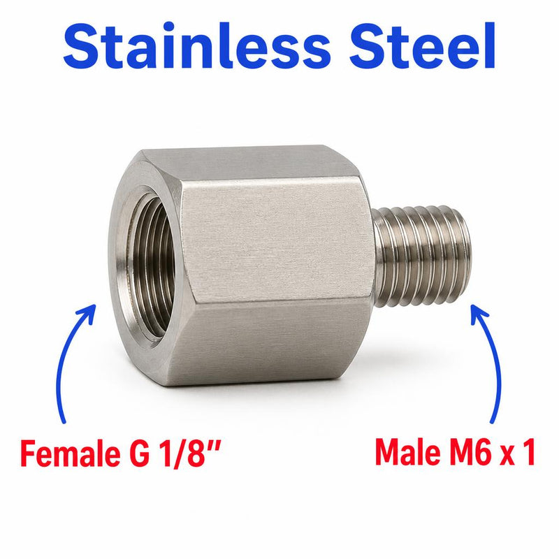 BSP G 1/8 inch Female to M6x1 Male Stainless Steel 304 Sensor Adaptor Fittings Conversion