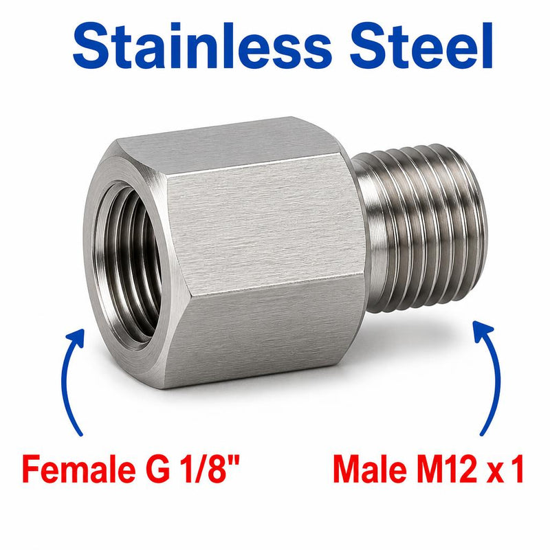 BSP G 1/8 inch Female to M12x1 Male Stainless Steel 304 Sensor Adaptor Fittings Conversion