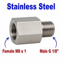 Stainless steel M8x1 female to BSP G 1/8 inch male sensor adaptor fitting for hydraulic or pneumatic connections.