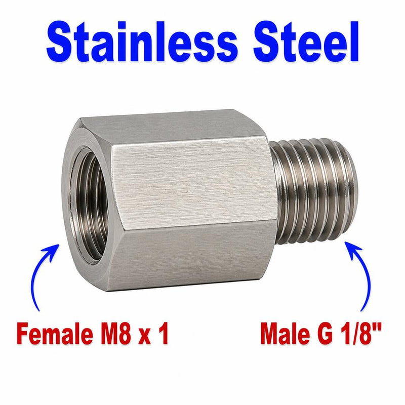 Stainless steel M8x1 female to BSP G 1/8 inch male sensor adaptor fitting for hydraulic or pneumatic connections.