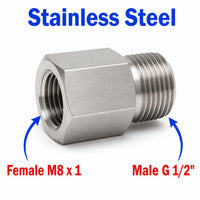 Stainless steel M8x1 female to BSP G 1/2 inch male sensor adaptor fitting for fluid or sensor connections, MC Motoparts APS conversion.