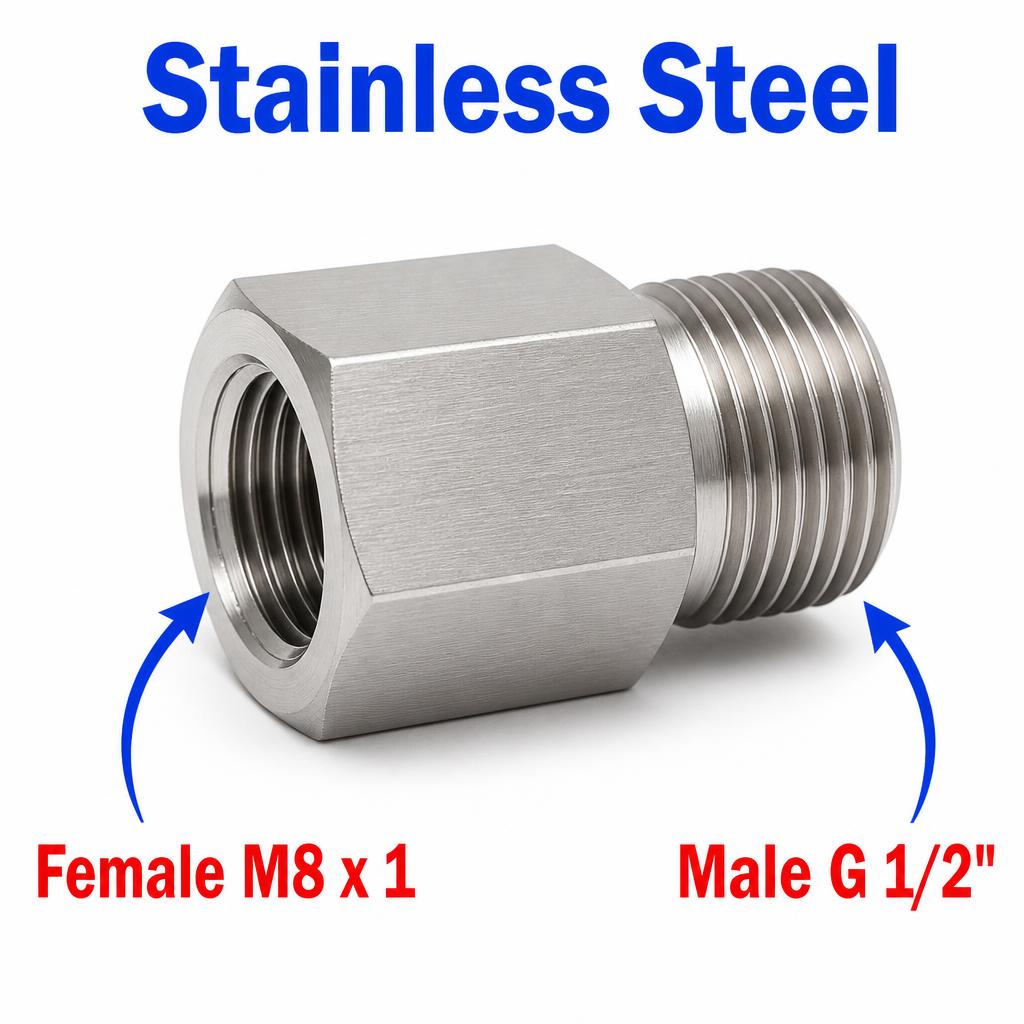 Stainless steel M8x1 female to BSP G 1/2 inch male sensor adaptor fitting for fluid or sensor connections, MC Motoparts APS conversion.