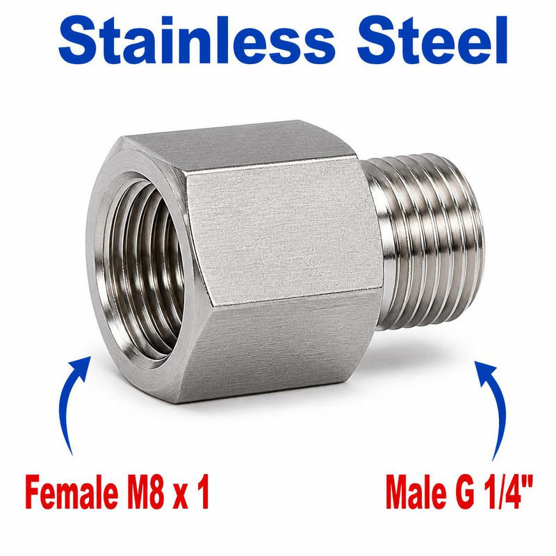 Stainless steel M8x1 female to BSP G 1/4 inch male sensor adaptor fitting for conversion, MC Motoparts APS adaptor fitting.