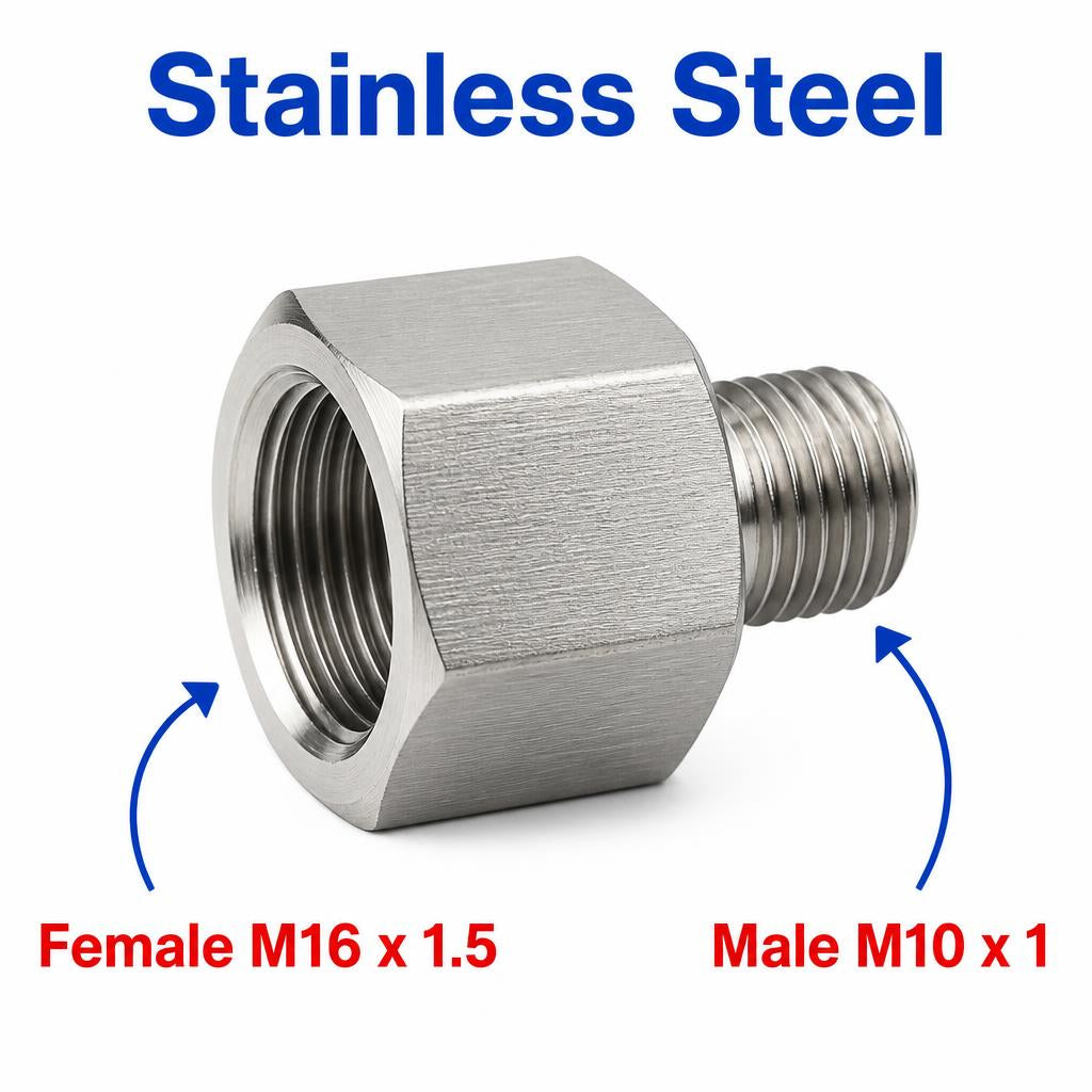 M16x1.5 Female to M10x1 Male Stainless Steel 304 Sensor Adaptor Fittings Conversion